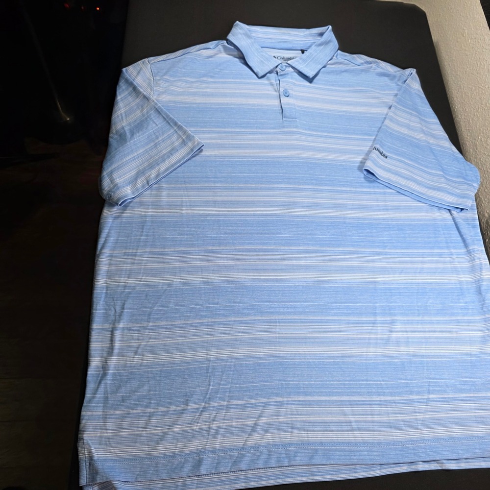 Columbia Golf Mens 2XL Polo Shirt‎ Light Blue Striped Short Sleeve Performance